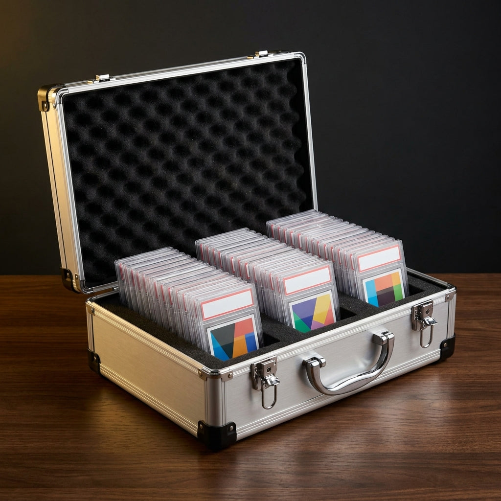 Aluminium graded card storage case open on a desk with foam rows of graded slabs