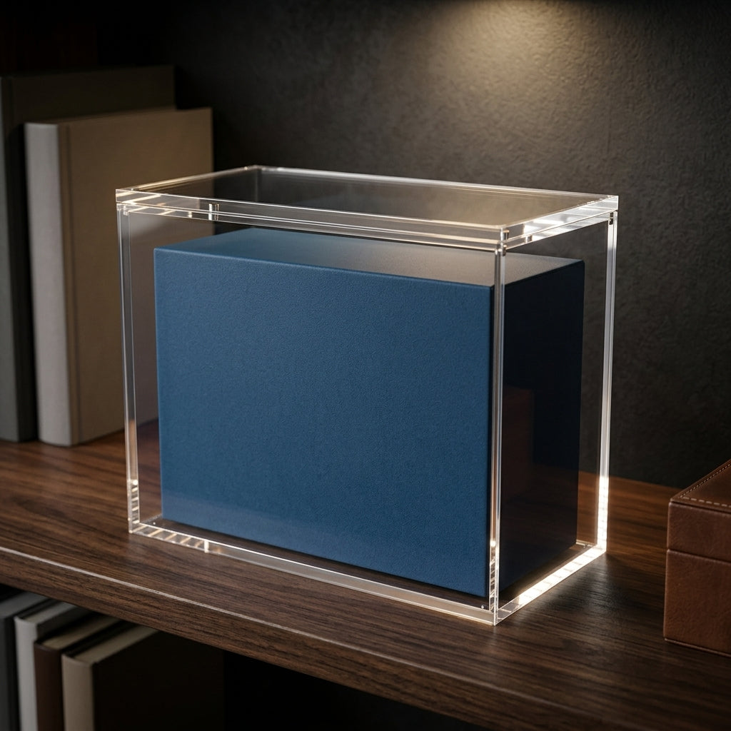 A lit acrylic display case on a dark wood shelf