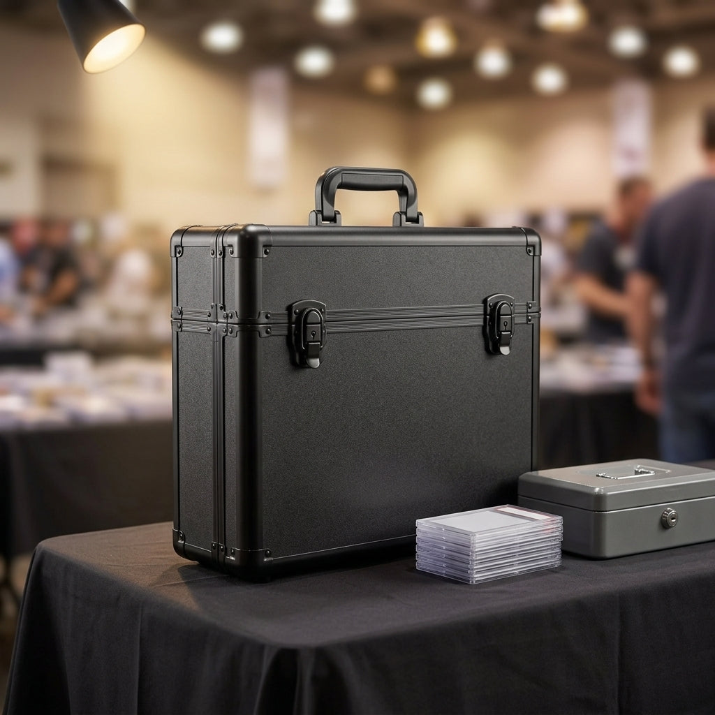 A locked slab travel case closed on a card show vendor table
