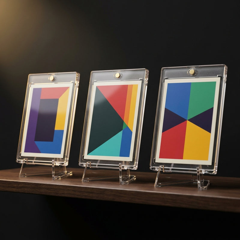 Three 35PT magnetic card holders on display stands lined up on a dark walnut shelf