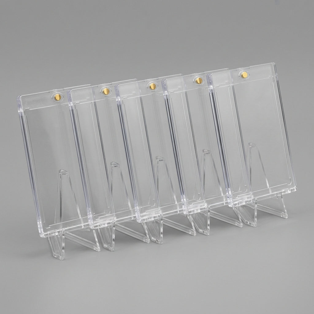 Five 35PT magnetic card holders fanned out with five clear display stands