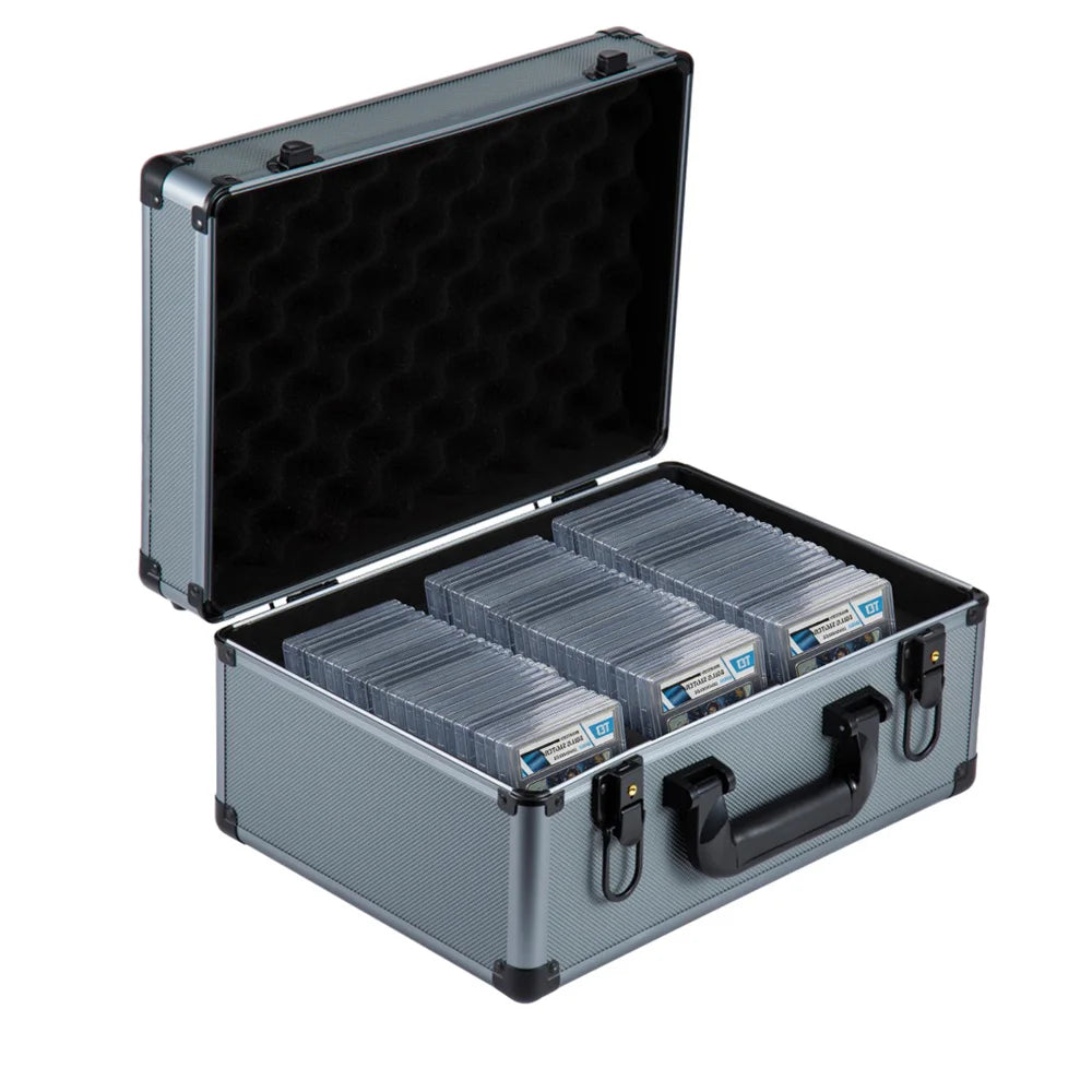 Aluminum graded card storage case open with three foam rows packed with slabs, 90 slab size