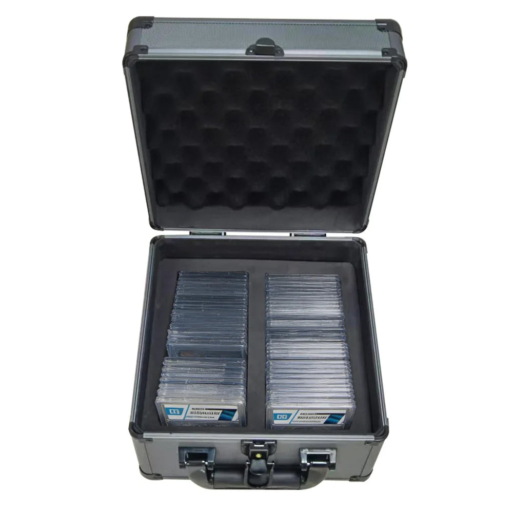 Aluminum graded card storage case open with two foam rows of slabs, 60 slab size
