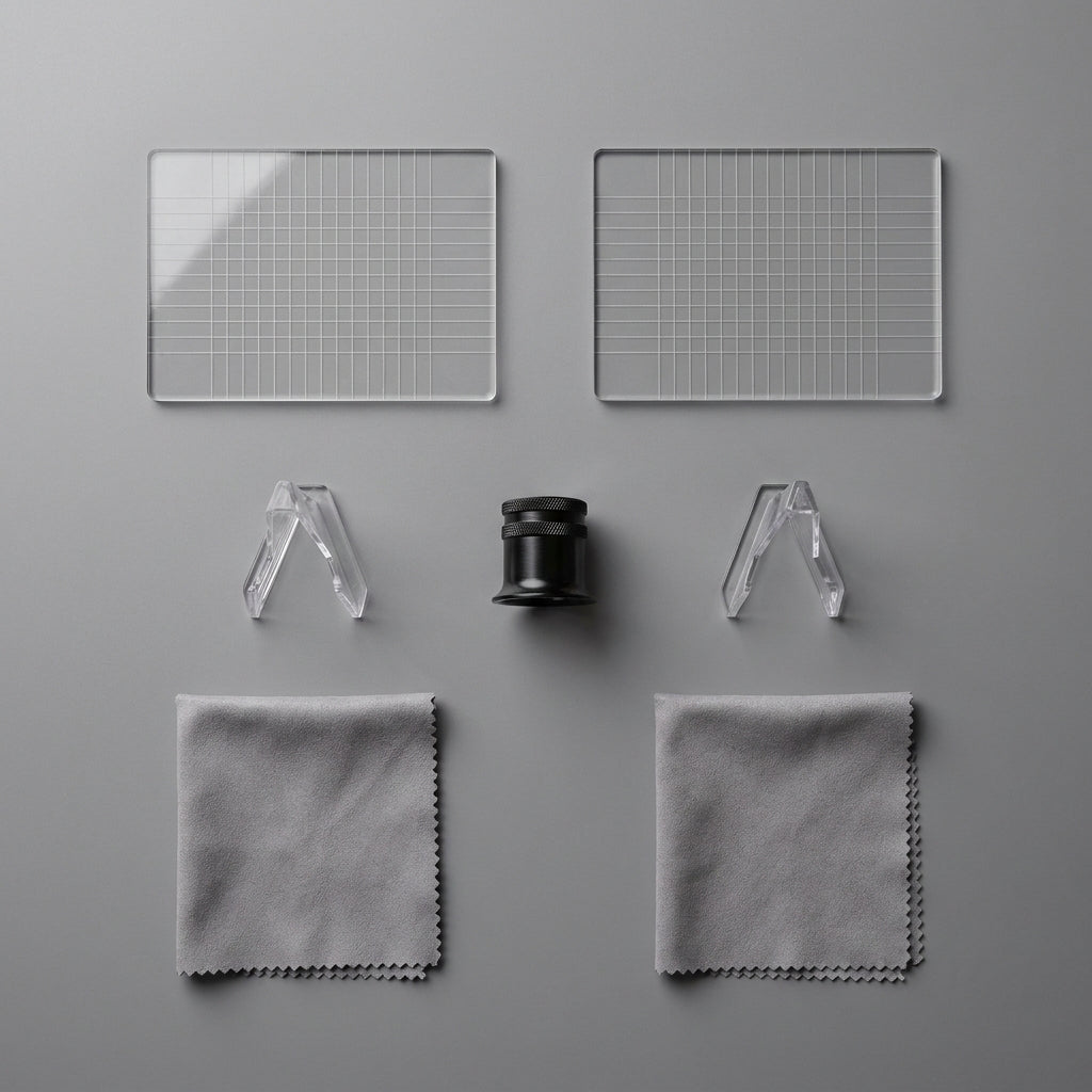 Centering tool kit flat lay, two grid overlays, loupe, two stands and two cloths