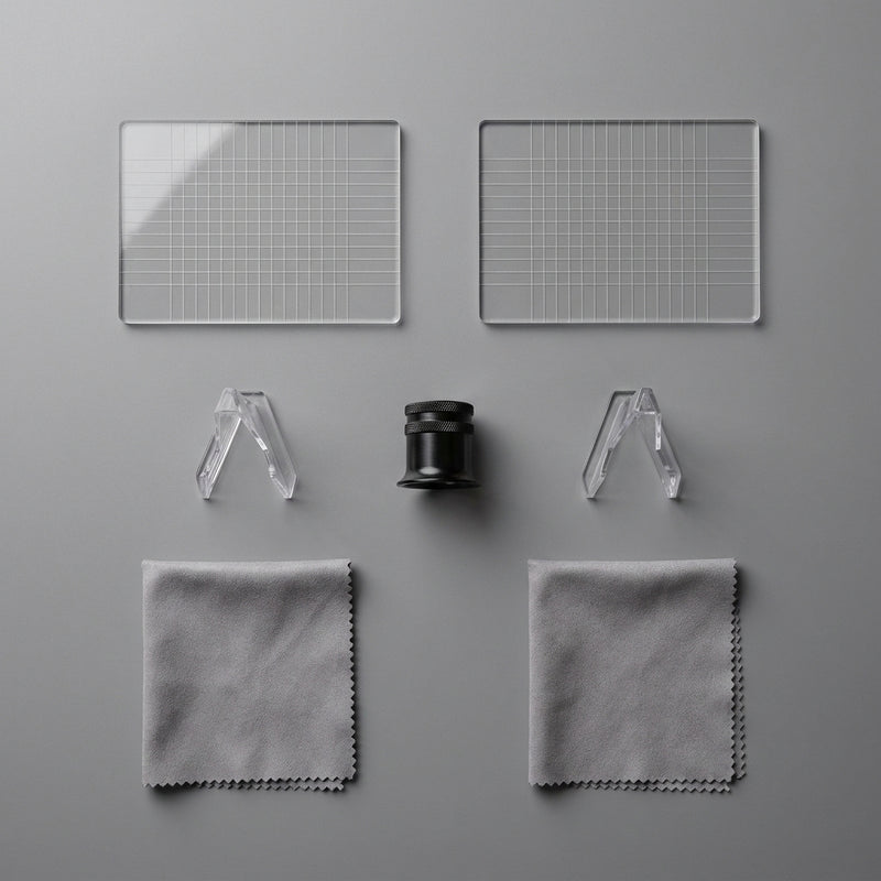 Centering tool kit flat lay, two grid overlays, loupe, two stands and two cloths