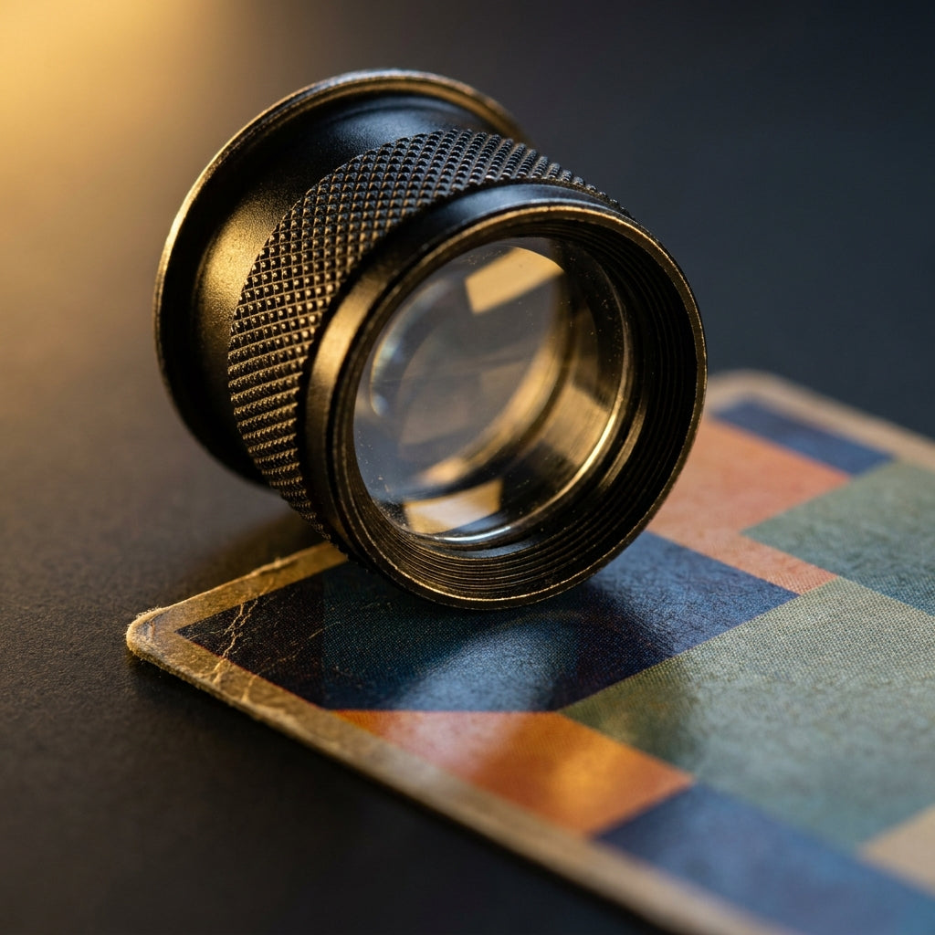 Macro of the 30X loupe magnifying the printed surface and corner of a card