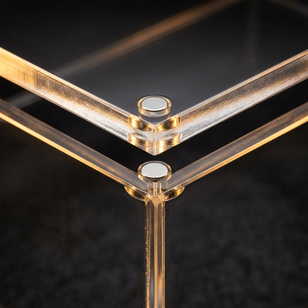 Close-up of the corner magnets seating the acrylic display case lid