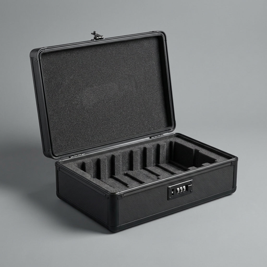 Fire-resistant graded card storage box open and empty showing its foam card slots