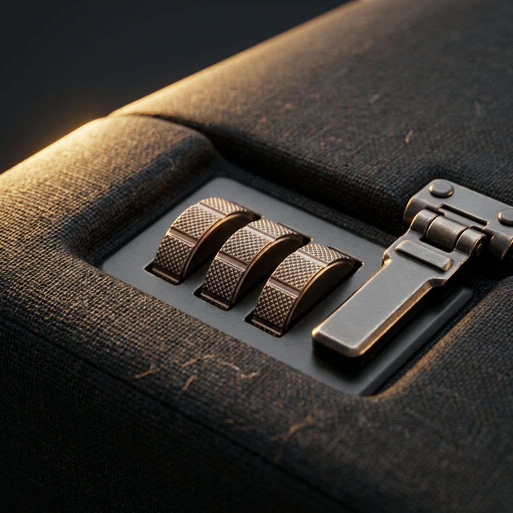 Close-up of the three-dial combination lock on the fire-resistant storage box