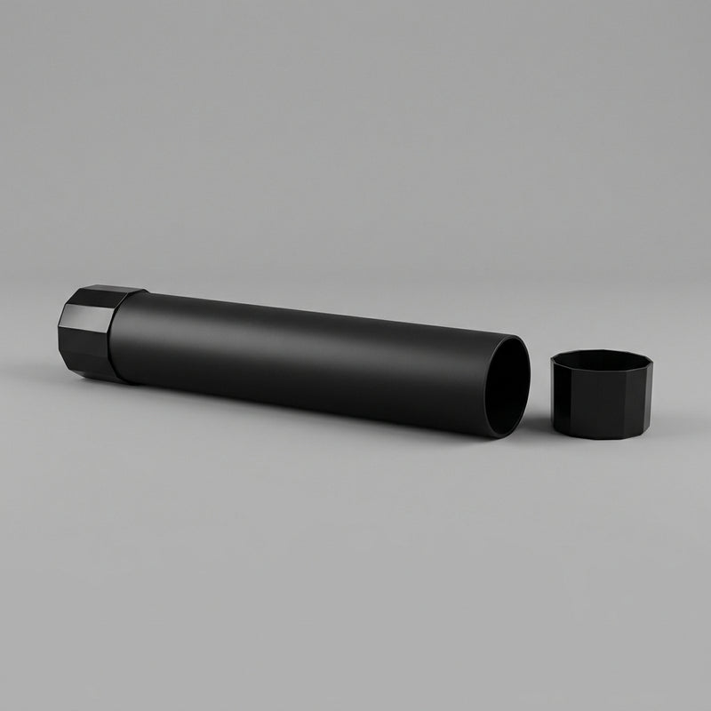 Playmat storage tube on a neutral background with one faceted end cap removed