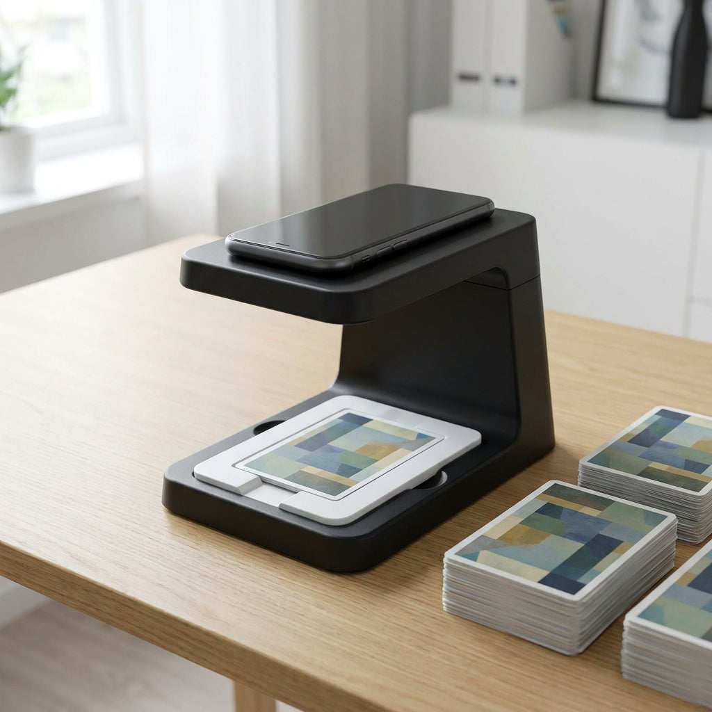Card scanner stand on a desk holding a phone above a card tray ready for bulk scanning