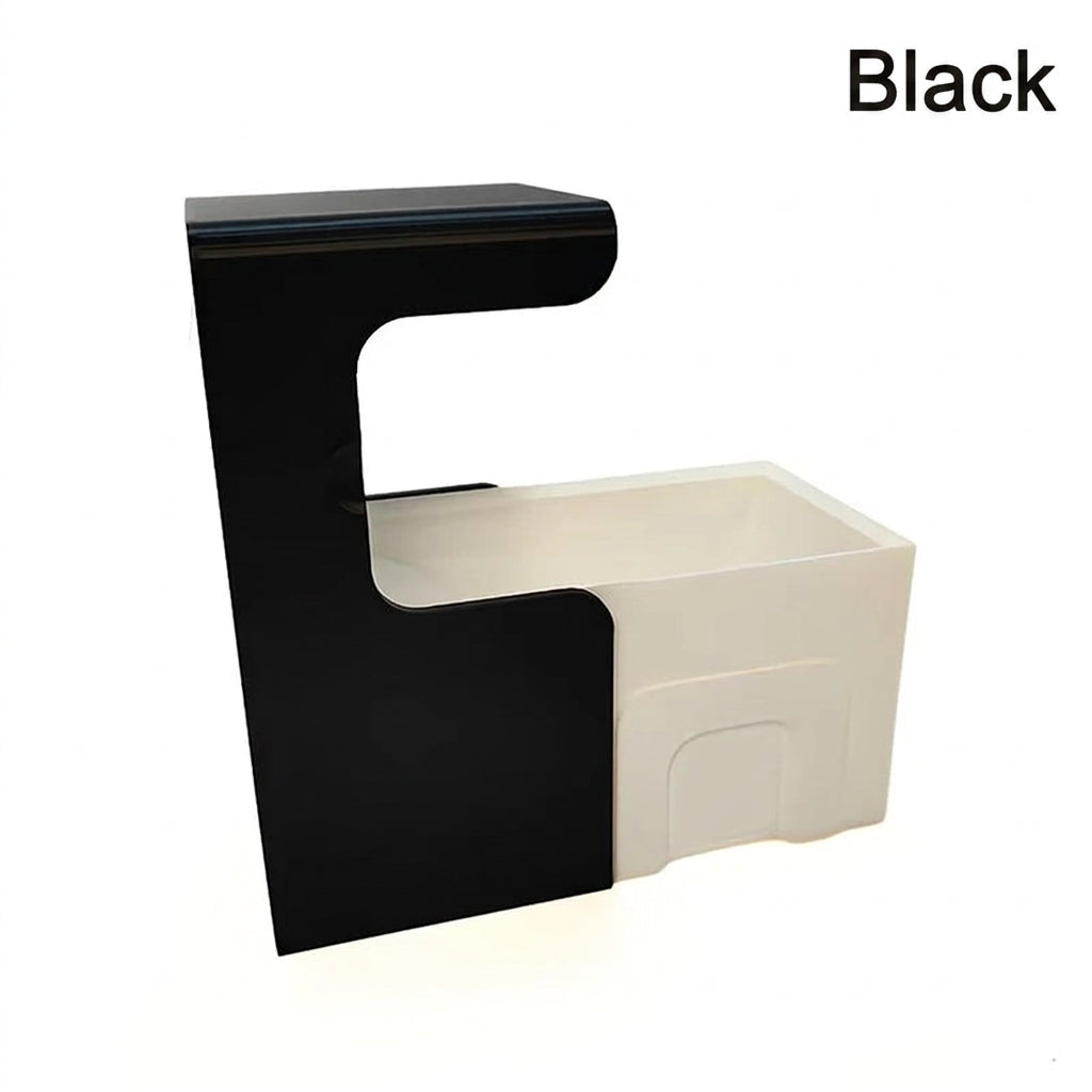 Black card scanner stand with a white card tray, empty, three-quarter view
