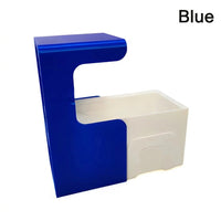 Blue card scanner stand with a white card tray, empty, three-quarter view