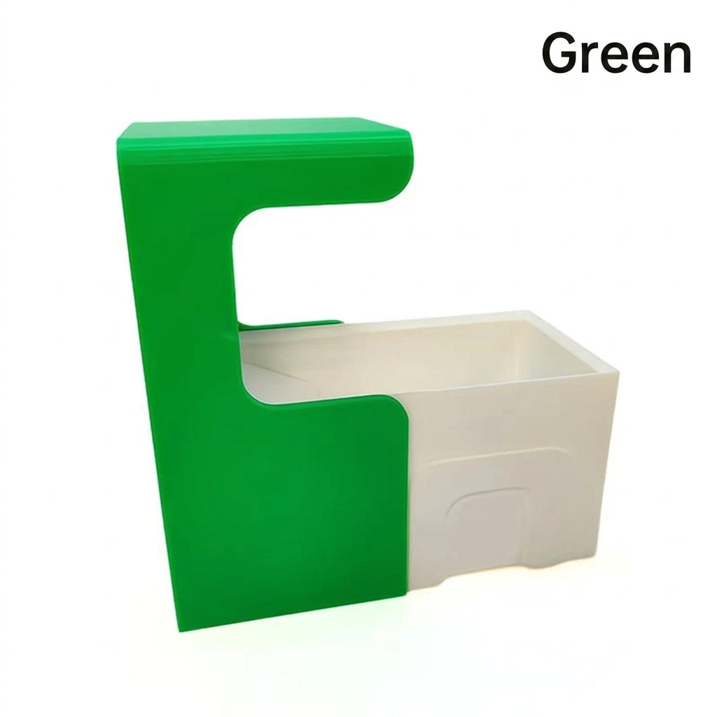 Green card scanner stand with a white card tray, empty, three-quarter view