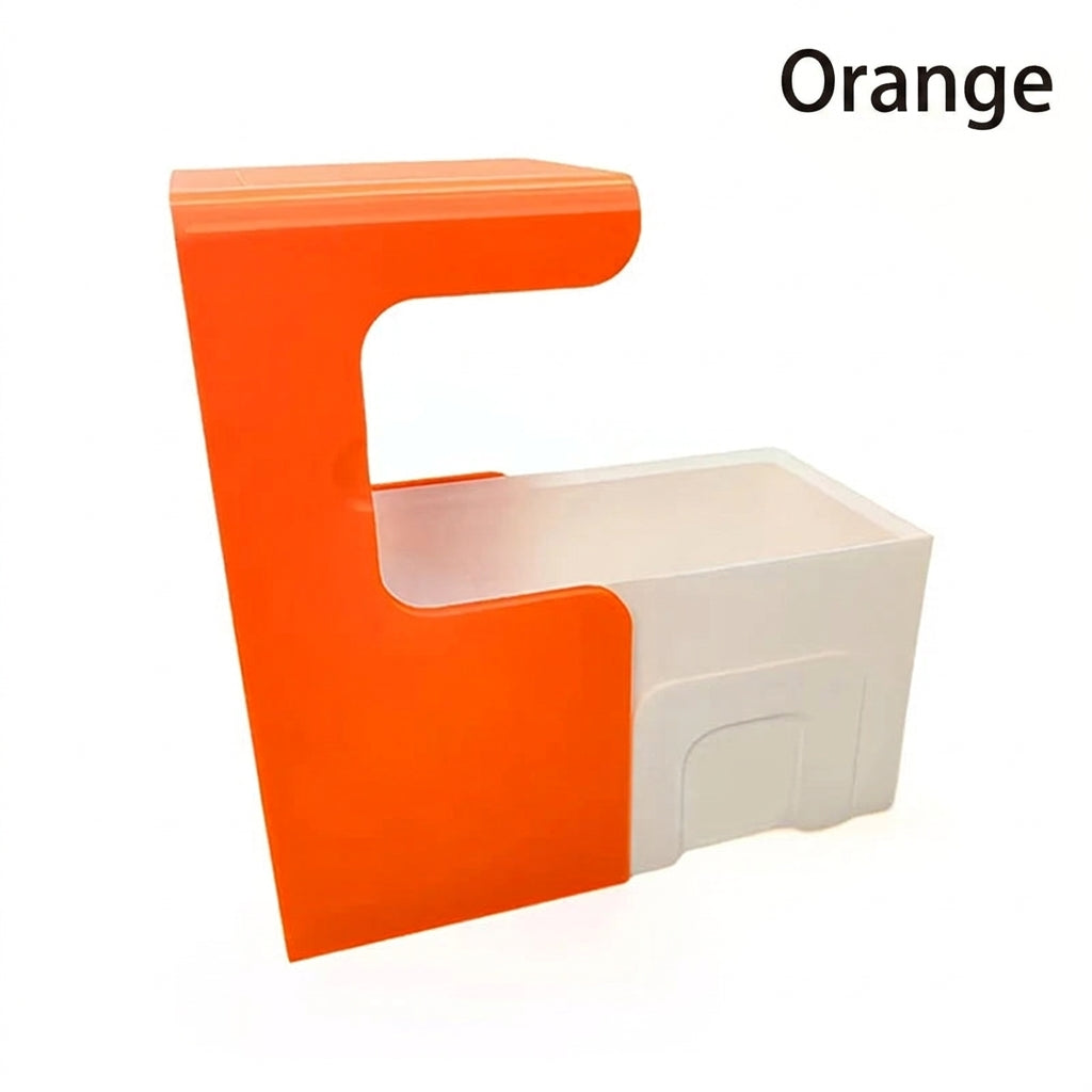 Orange card scanner stand with a white card tray, empty, three-quarter view