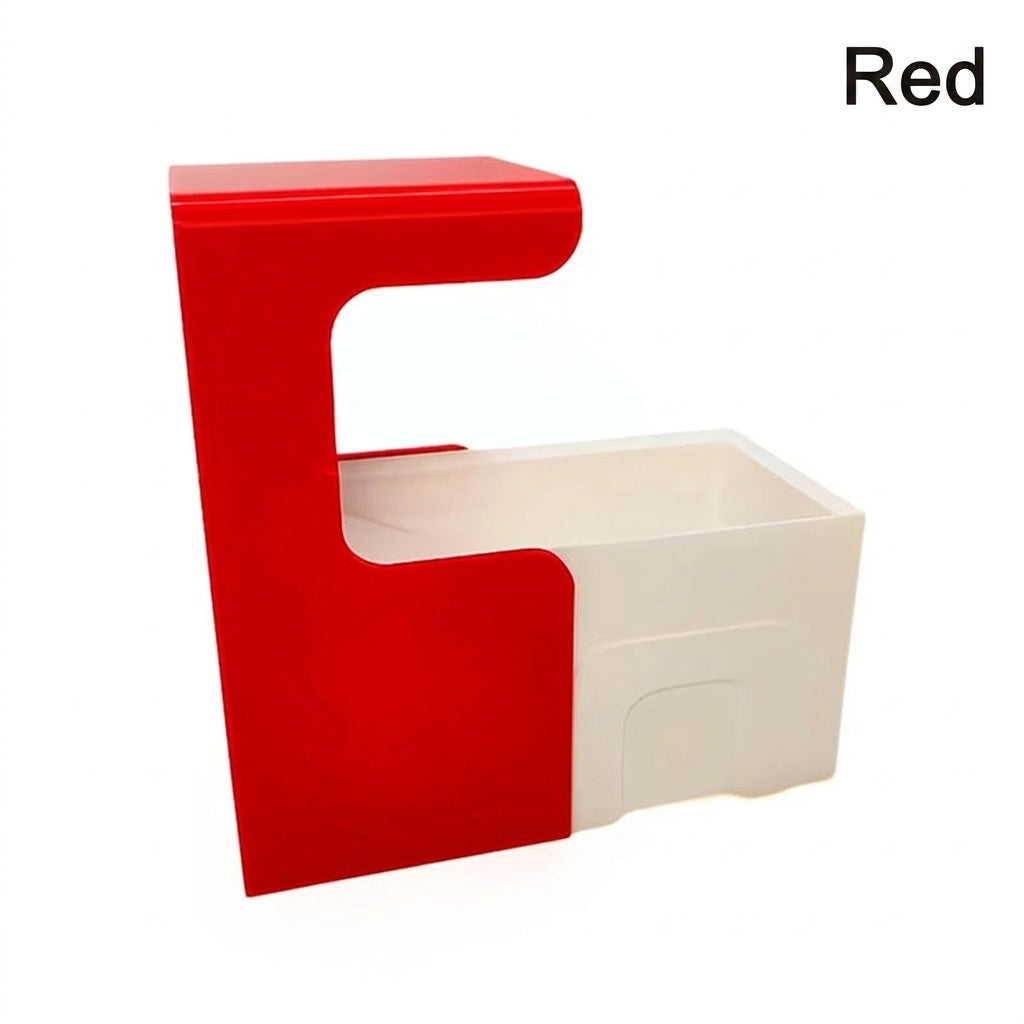 Red card scanner stand with a white card tray, empty, three-quarter view