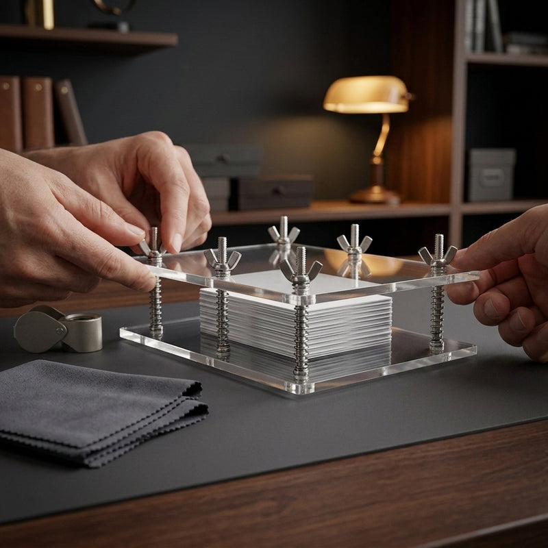 Trading Card Flattening Press — tightening a wing nut at desk level