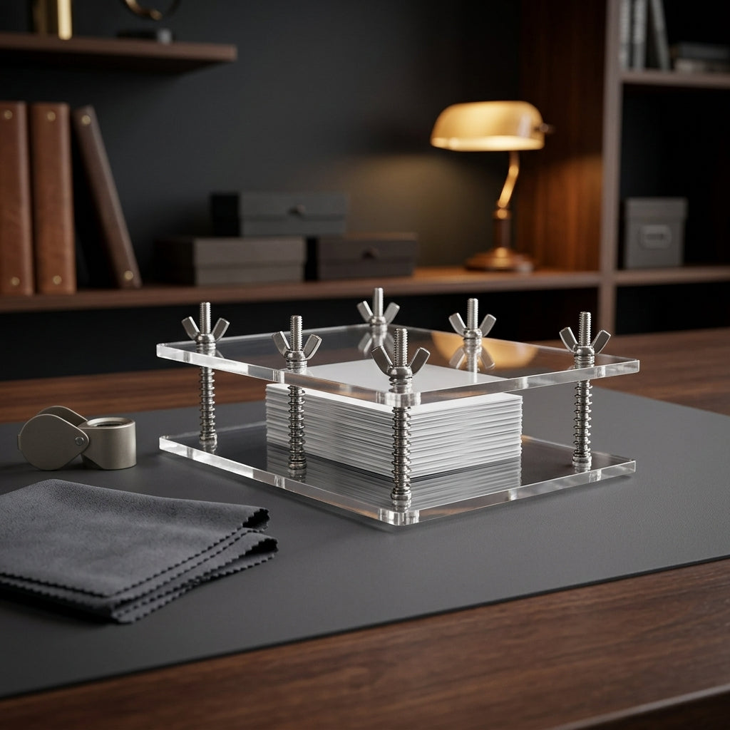 Trading Card Flattening Press — pressing a card stack on a grading desk