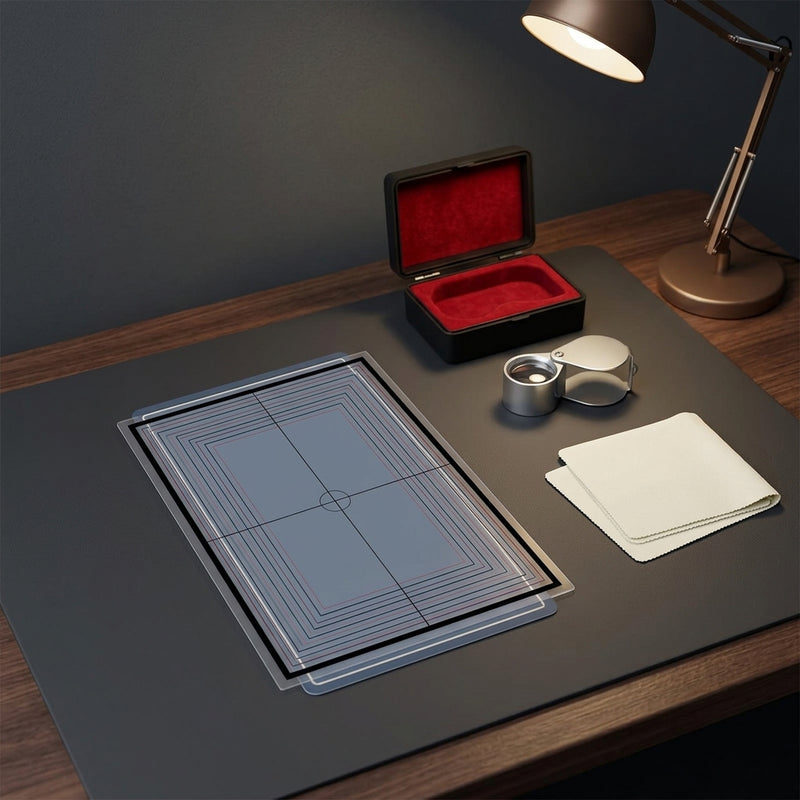 Centering overlay, 30X loupe, stands, and microfiber cloths laid out on a grading mat