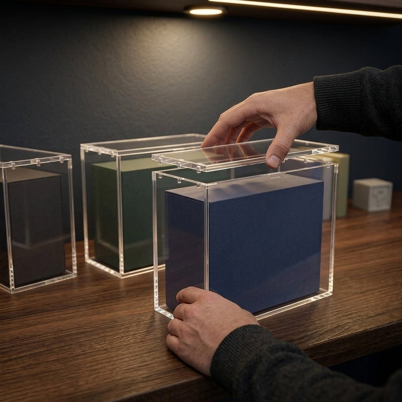 ETB Acrylic Display Case 3-Pack — placing the magnetic lid on a case