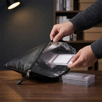 Fireproof Card Storage Bag — hands loading a graded slab into the open bag