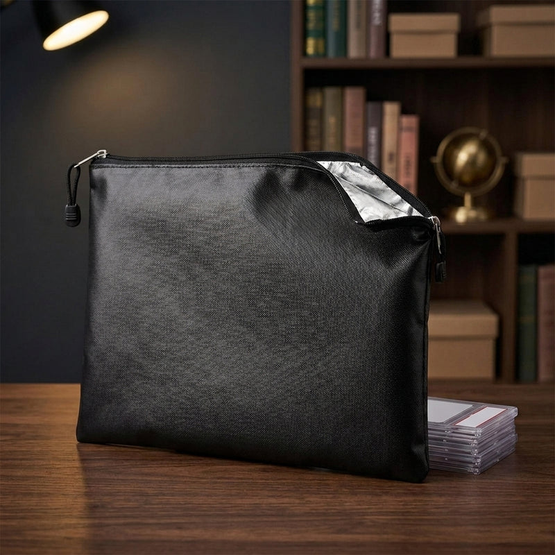 Fireproof Card Storage Bag — upright on a desk beside graded card slabs