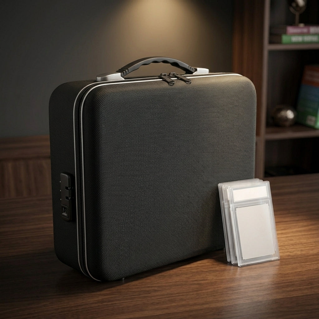 Fireproof Graded Card Storage Box — closed with combination lock beside stacked slabs