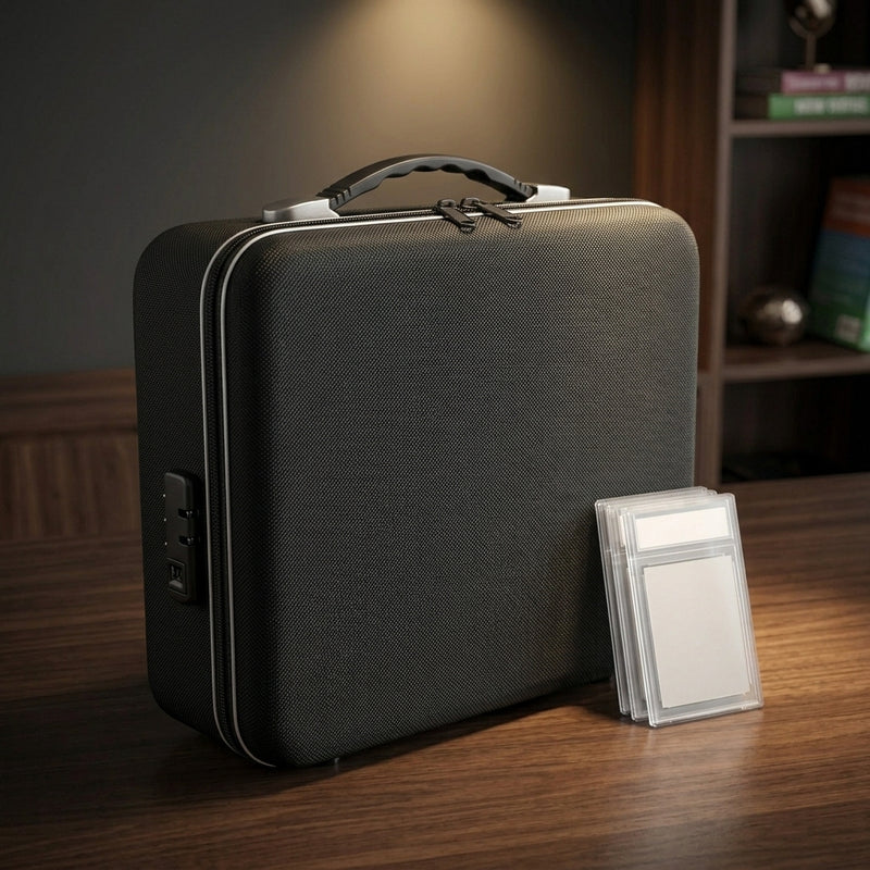 Fireproof Graded Card Storage Box — closed with combination lock beside stacked slabs