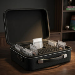 Fire-resistant graded card storage box open on a desk showing foam slots holding slabs