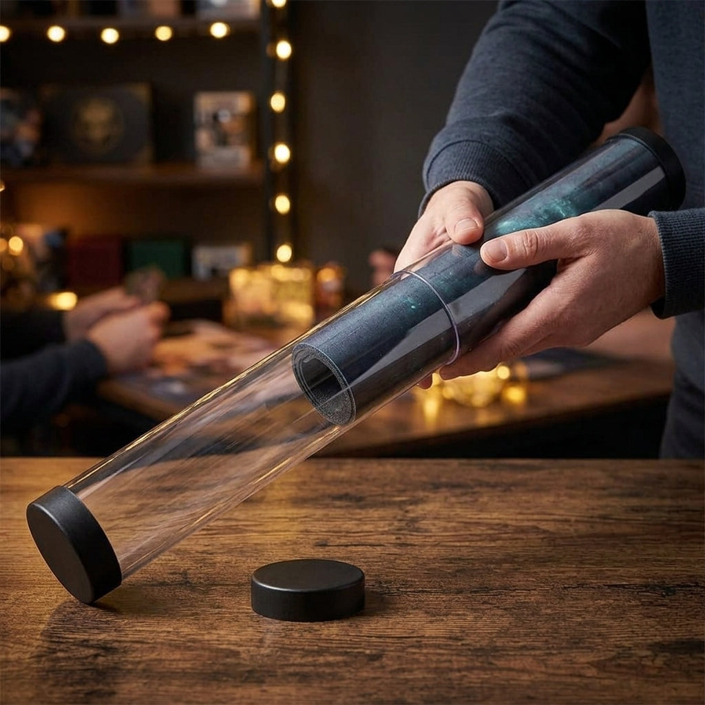 Playmat Storage Tube — sliding a rolled playmat into the tube