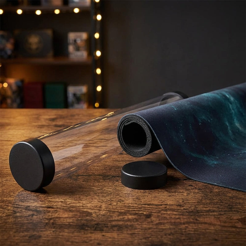 Open playmat storage tube with a rolled playmat on a game table