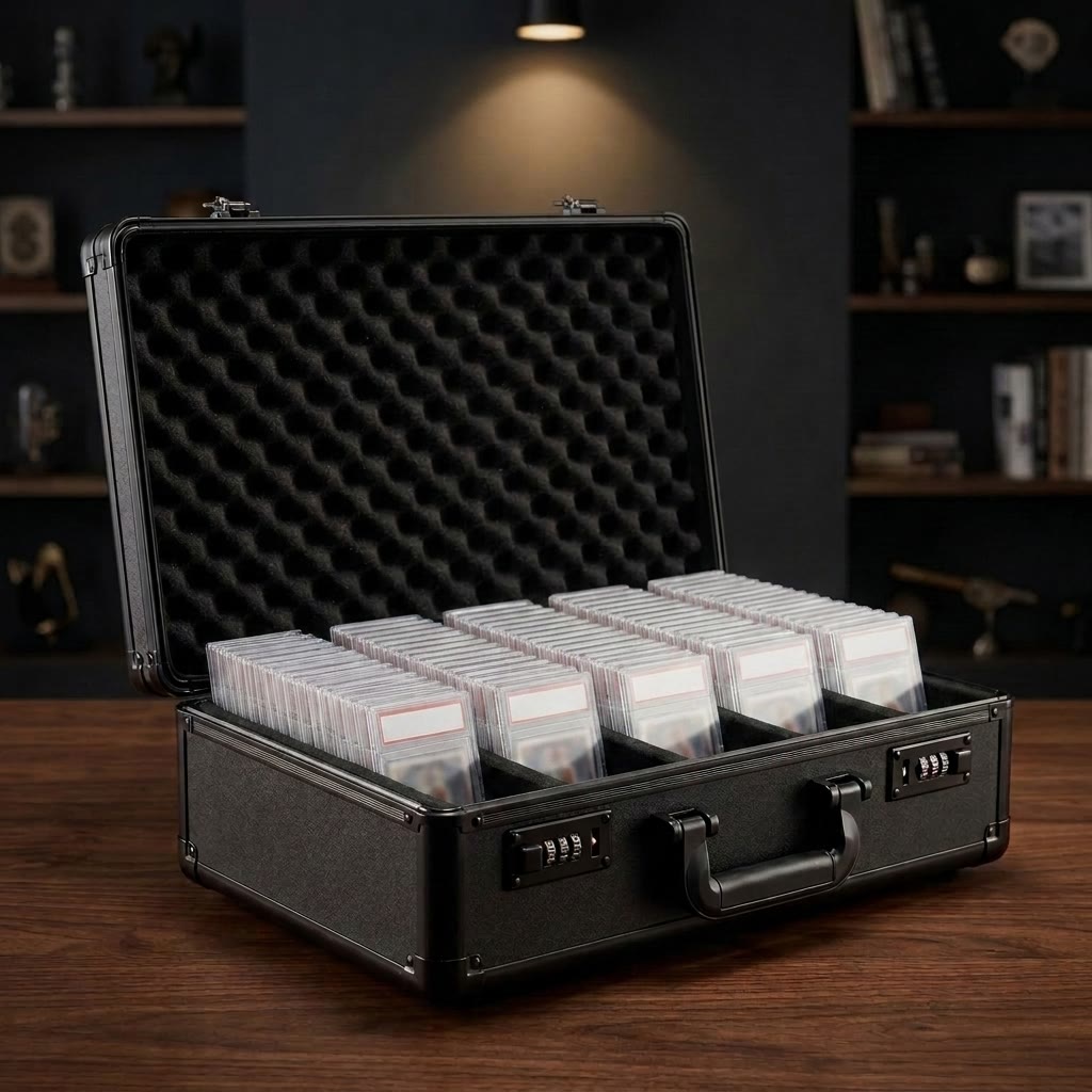 162 slab version of the graded card travel case, open, showing five foam rows of graded slabs