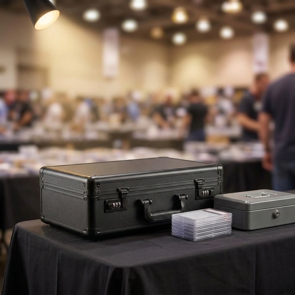 Lockable Graded Card Storage & Travel Case — closed on a card show vendor table, combination locks either side of the carry handle