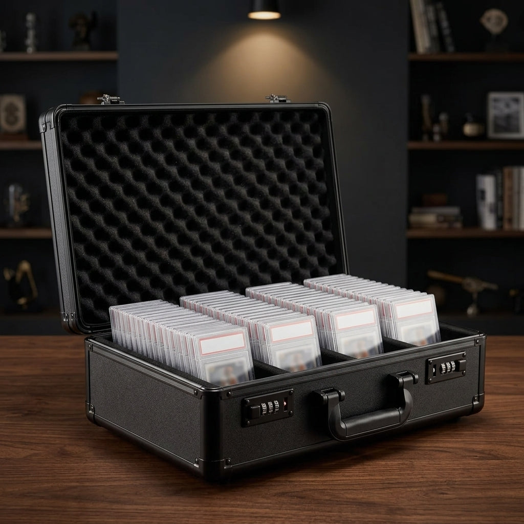 Lockable graded card travel case open on a desk with graded slabs in foam slots
