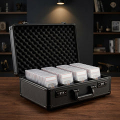 Lockable graded card travel case open on a desk with graded slabs in foam slots